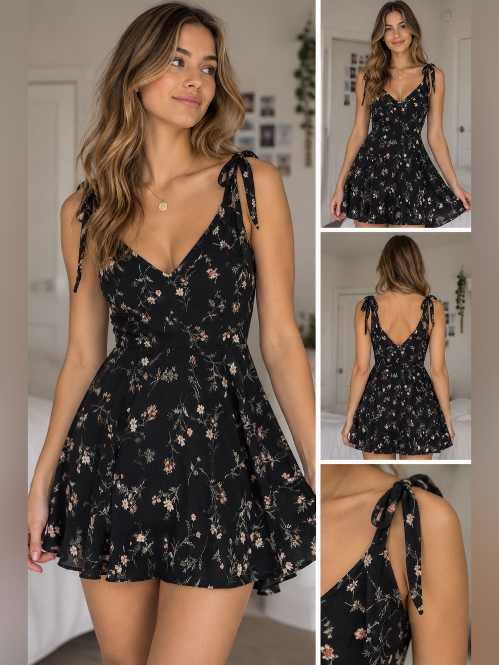 Windsor Black Floral V-Neck Dress with Green and Coral Accents